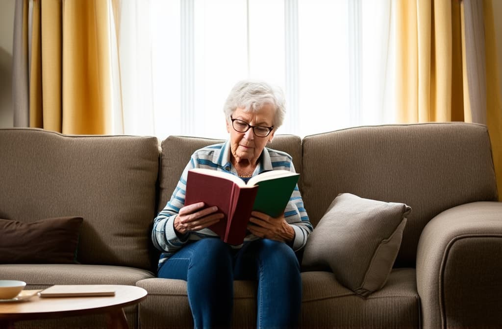  professional detailed photography, grandmother reading a book to her grandson on the sofa in a bright room ar 3:2, (muted colors, dim colors, soothing tones), (vsco:0.3)