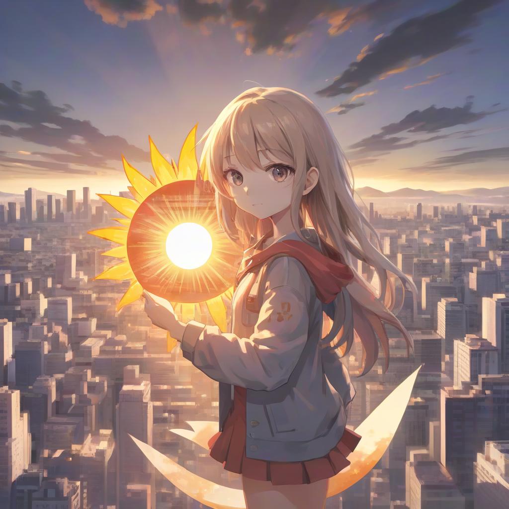  anime artwork the girl in the board against the background of the city holds the sun in her hands . anime style, key visual, vibrant, studio anime, highly detailed