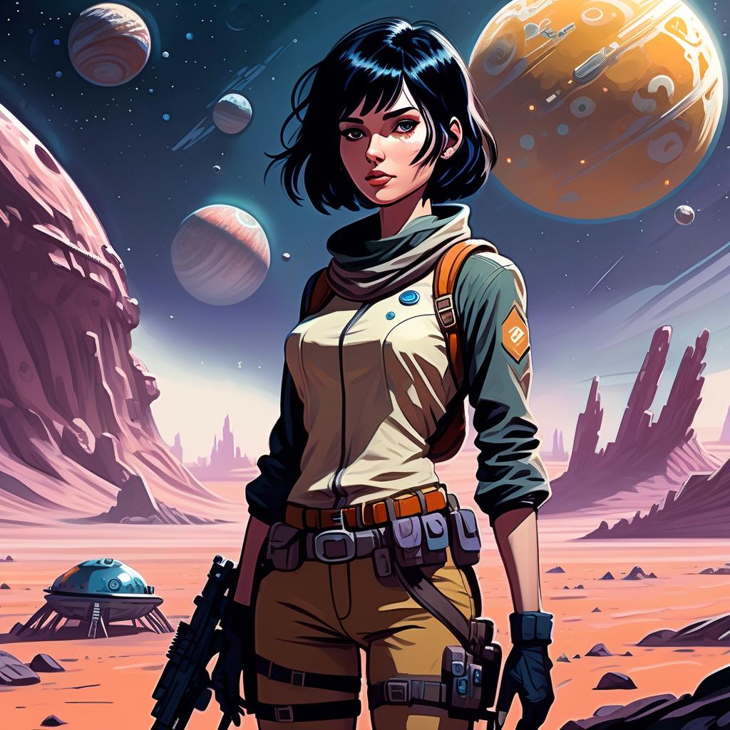  draw a full length female character, a very short cut black hair, a character living on a distant colonized planet, a tracker