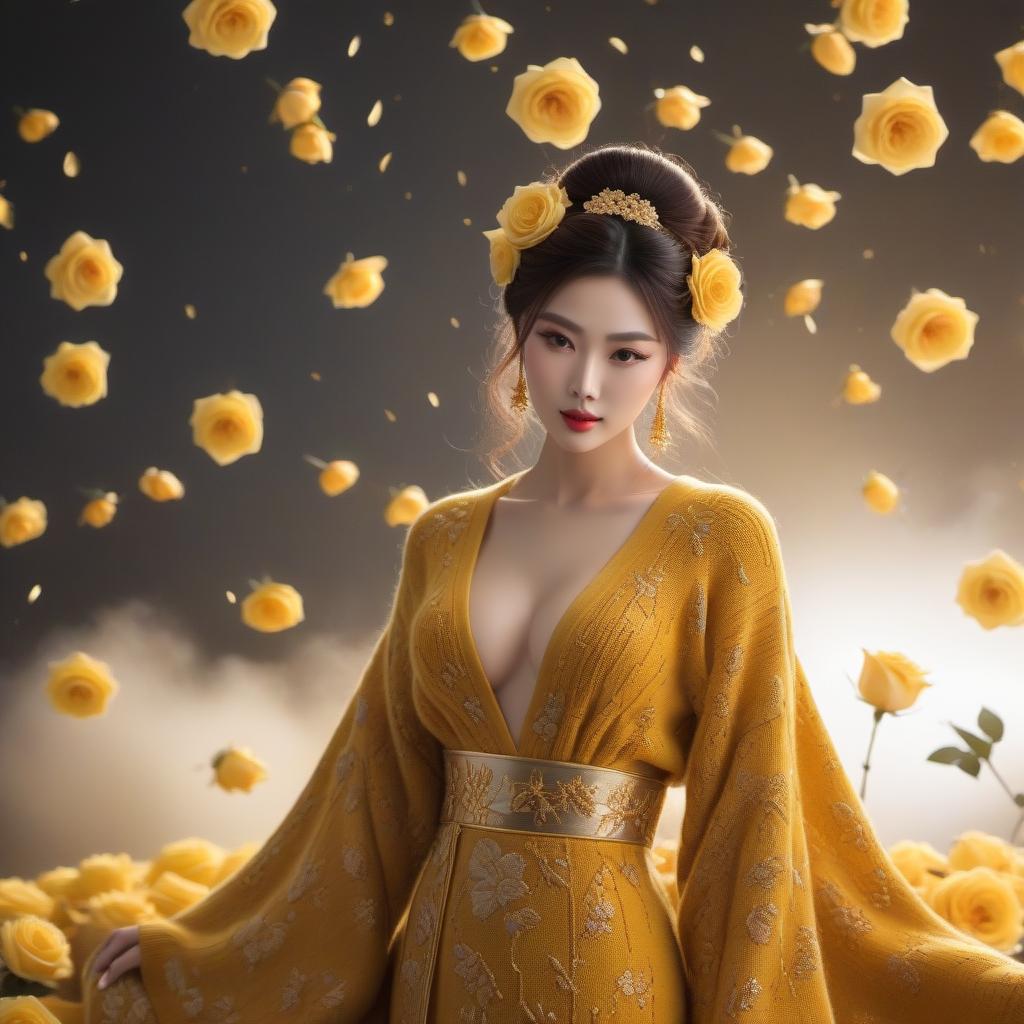  Knitted Japanese wool, yellow roses, gold brocade background, realistic color photo hyperrealistic, full body, detailed clothing, highly detailed, cinematic lighting, stunningly beautiful, intricate, sharp focus, f/1. 8, 85mm, (centered image composition), (professionally color graded), ((bright soft diffused light)), volumetric fog, trending on instagram, trending on tumblr, HDR 4K, 8K