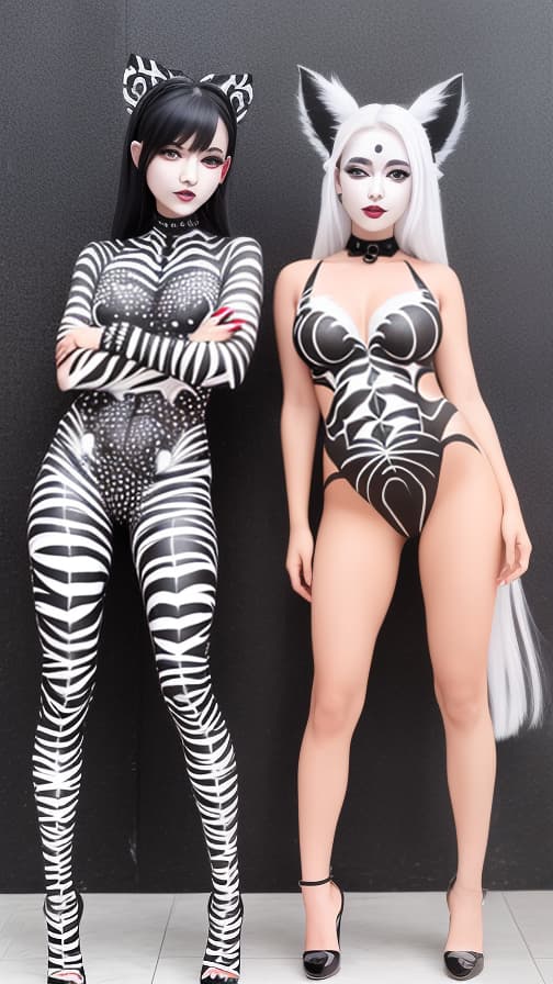  Black and White Spider-patterned body paint in every corner of the whole body, full-body, silver body paint, White face paint on the face,Two Dark elfs 女性