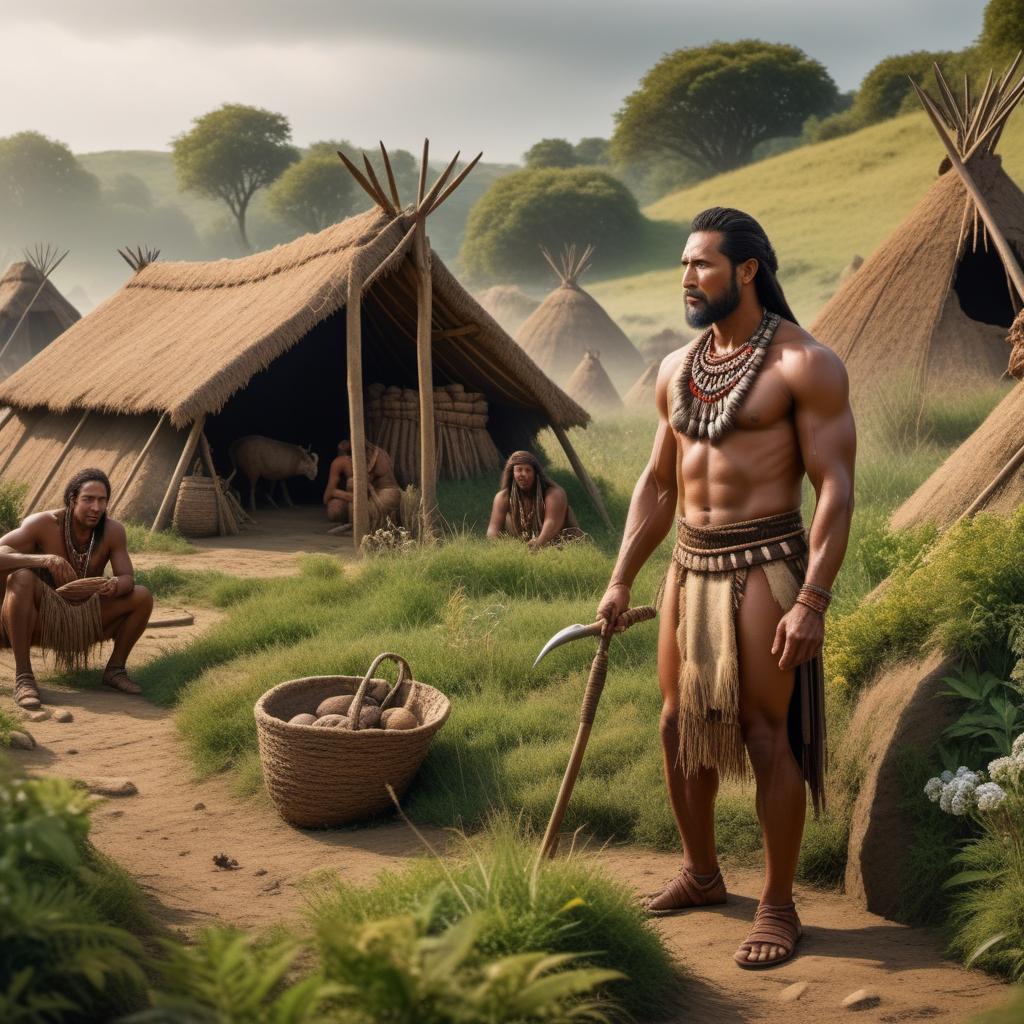  Neolithic era scene featuring Sonny Olomua. He is depicted as a prehistoric human, engaged in early farming or community life. He is dressed in simple, primitive clothing made from animal skins and woven fabrics. The backdrop includes a primitive settlement with simple huts and cave paintings. There are tools like stone axes and early farming implements scattered around. The environment is lush with wild flora and fauna characteristic of the Neolithic era. hyperrealistic, full body, detailed clothing, highly detailed, cinematic lighting, stunningly beautiful, intricate, sharp focus, f/1. 8, 85mm, (centered image composition), (professionally color graded), ((bright soft diffused light)), volumetric fog, trending on instagram, trending on tumblr, HDR 4K, 8K