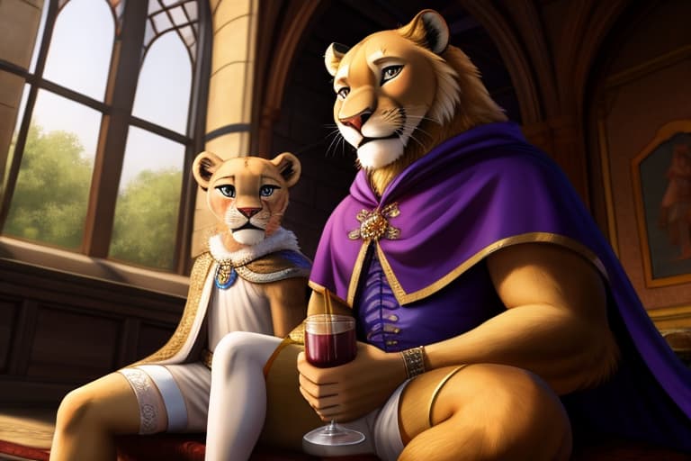  duo, white thigh-highs, partially clothed, castle, royal family, bottomless, cloak, looking at viewer, low angle, sitting, , perfect_anatomy, detailed_face, detailed eyes, full_body, detailed background, detailed fur, BREAK lioness, female, young, (anthro:0.7), s, s, , ( juice:1.1), cute, , , (happy, smile, cheerful:1.2), BREAK lion, male, young, anthro, s, , veiny , testicles, , pre, (:0.5), half-closed eyes, prince, handjob, (shy, embaring:1.2),, open eyes, digital art, masterpiece, 4k, fine details,