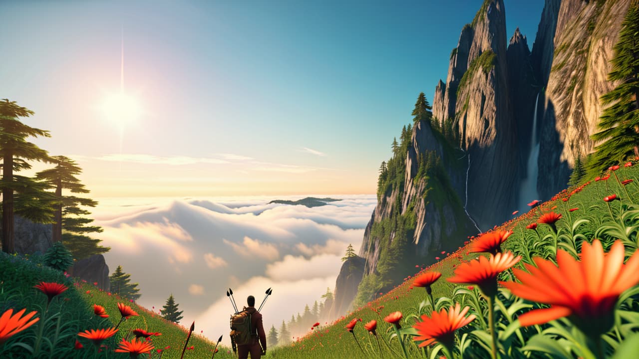  a person climbing a mountain, a target with arrows hitting the bullseye, and a vibrant garden with blooming flowers, symbolizing personal growth, achievement, and focus on goal setting. hyperrealistic, full body, detailed clothing, highly detailed, cinematic lighting, stunningly beautiful, intricate, sharp focus, f/1. 8, 85mm, (centered image composition), (professionally color graded), ((bright soft diffused light)), volumetric fog, trending on instagram, trending on tumblr, HDR 4K, 8K