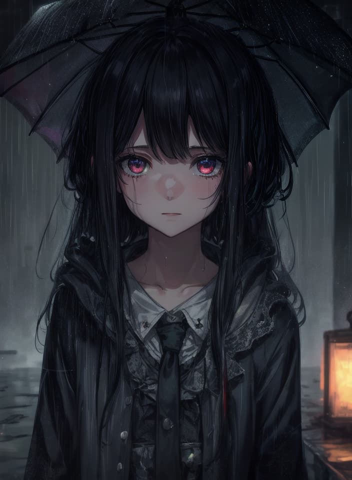  a dying girl in the rain with an umbrella at a dark place where only fear is to be found, hq, hightly detailed, 4k