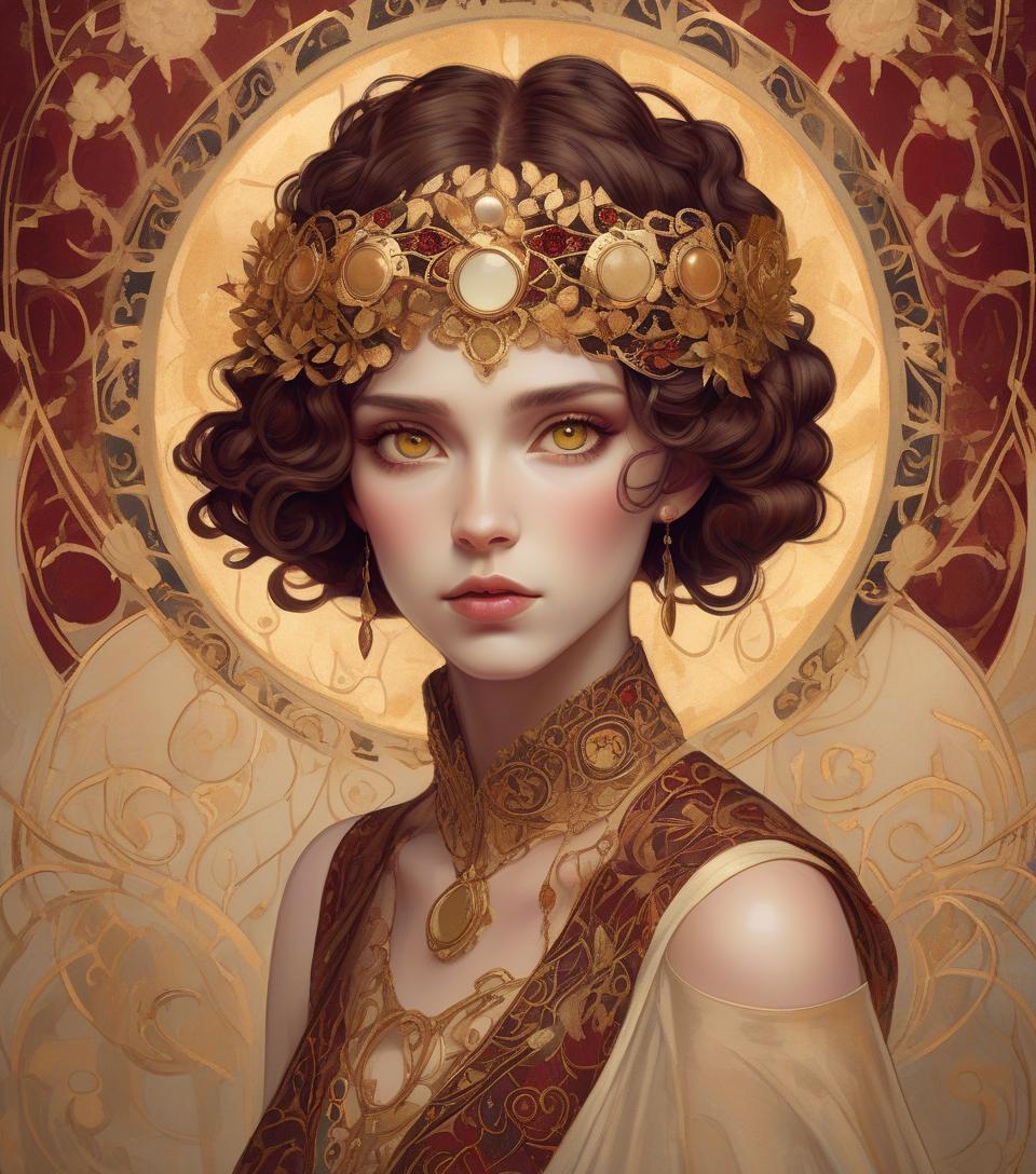  concept art an illustration of a woman with a decorative halo, reminiscent of art nouveau style, featuring intricate patterns and gold accents. beautiful portrait. colors kale, gold, rust, burgundy, black. an illustration of a woman with hazel eyes, a decorative metallic gold halo, reminiscent of art nouveau style, featuring intricate patterns and gilded accents, created in the detailed painting technique reminiscent of the style of gustav klimt's work. . digital artwork, illustrative, painterly, matte painting, highly detailed