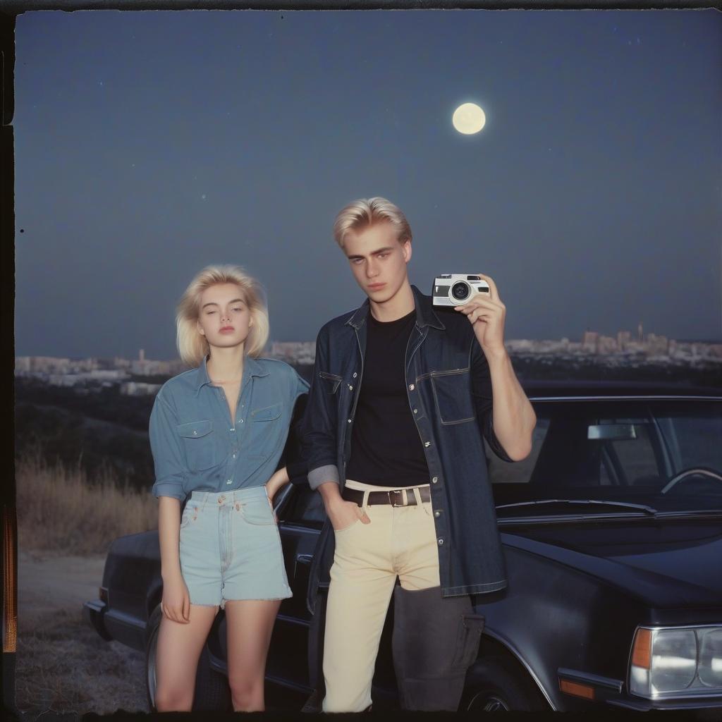  analog film photo a platinum blonde girl takes pictures on a polaroid in a black shirt and stands next to a blonde guy in a denim shirt, standing by a black car, a view from a hill, in the background the city, the time of dusk, a full light moon, the style of the 80 90s. . faded film, desaturated, 35mm photo, grainy, vignette, vintage, kodachrome, lomography, stained, highly detailed, found footage