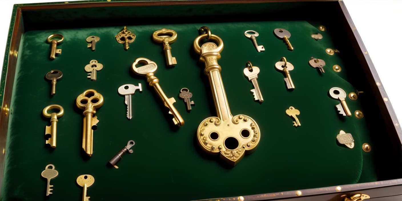  i look into a large, open, vintage, lacquered box with keys and a tool. with golden rivets. it's flat, right in front of my face, covered in green velvet. against a transparent background