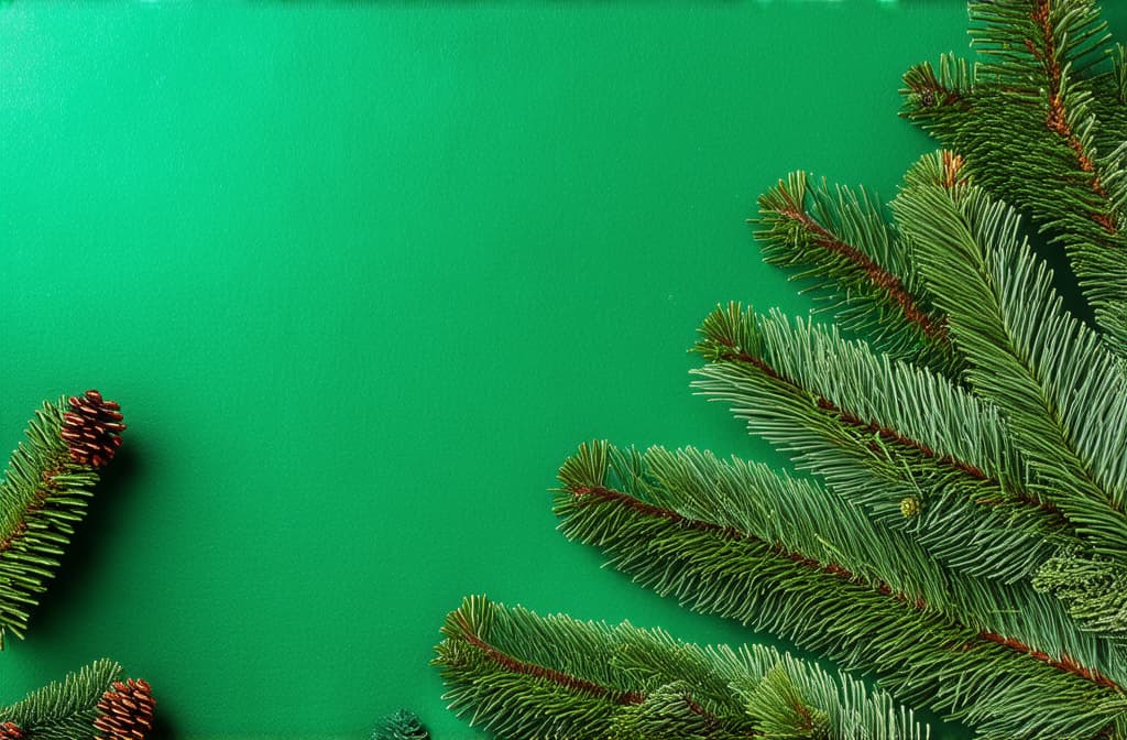  professional detailed photography, emerald background decorated with christmas tree branches on the edges ar 3:2, (muted colors, dim colors, soothing tones), (vsco:0.3)