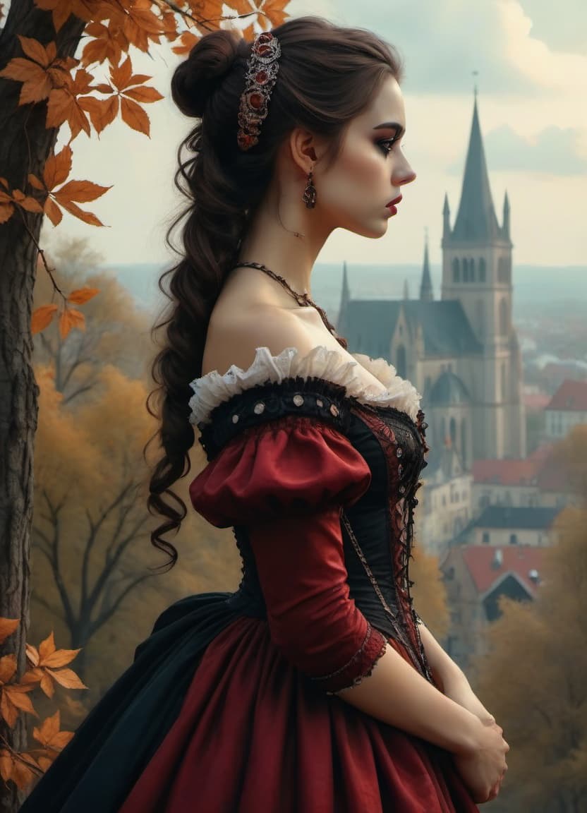  cinematic photo a girl in gothic clothes against the background of a gothic city at dusk. hyperdetailing of the figure, face of the girl, clothes, brunette, dark eyes, large bust, large shapes. painting, acrylic. style by louis royo. . 35mm photograph, film, bokeh, professional, 4k, highly detailed, on parchment