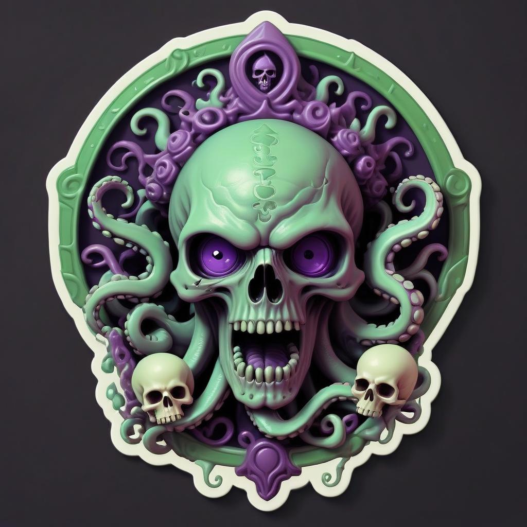  lovecraftian horror violet warlock, weird staff, cursed rod, green fire, tentacles, skulls, third eye, rpg class minimal badge . eldritch, cosmic horror, unknown, mysterious, surreal, highly detailed, sticker