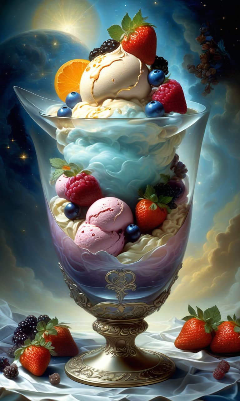  space themed digital art, (double exposure:1.3). multi colored balls of creamy ice cream in elegant crystal vase ((cream: 1.5) with (frost effect: 1.5)) with an orange slice, wafer pieces, chocolate chips, strawberries, blueberries, blackberries, raspberries, a mint leaf, a cinnamon stick, a smoky fractal, an elegant silver spoon. effectmagic, mysticism, fairy tales, in the environment of fantasy art, arabesques, sparkle, a splash of fantasy, unearthly lighting effects, a breathtaking color palette, extremely detailed, in high resolution 10k. surrealism, realism, fantasy, baroque, renaissance. imagination and skill. in the manner of julia dillon, van gogh, salvador dali, mika asai, alfons mucha, robert bateman, thomas kinkade, fragonard. . 