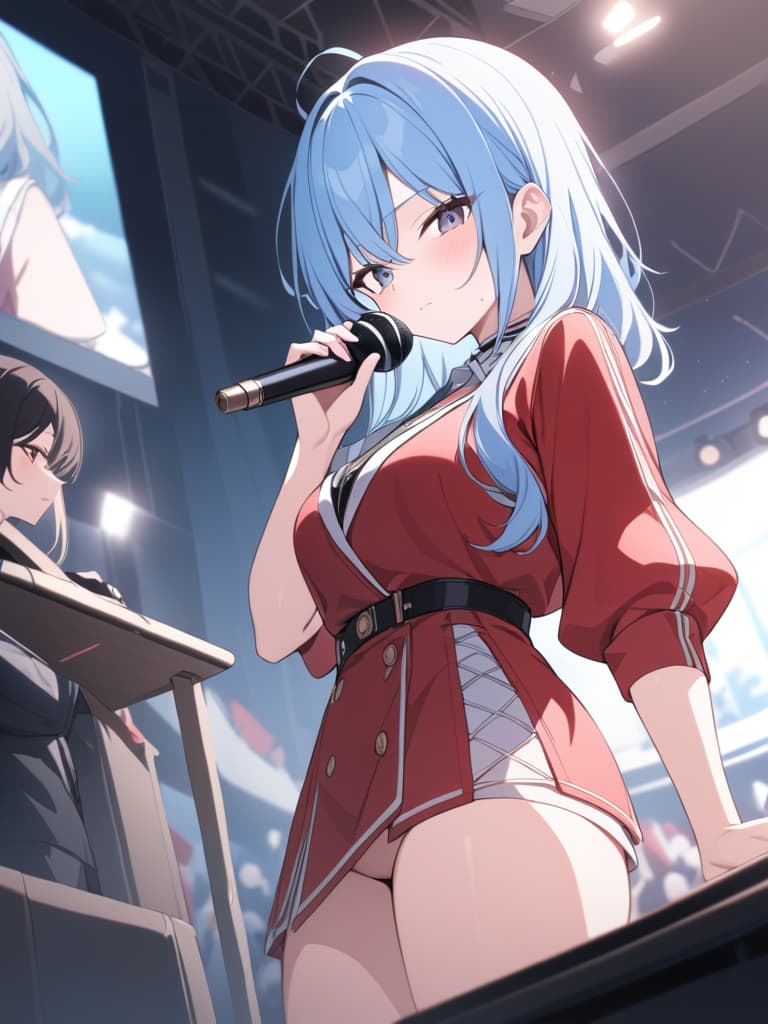  light blue hair, light blue, bob hair, having a microphone, live, let's do it, red jacket, masterpiece, best quality,8k,ultra detailed,high resolution,an extremely delicate and beautiful,hyper detail