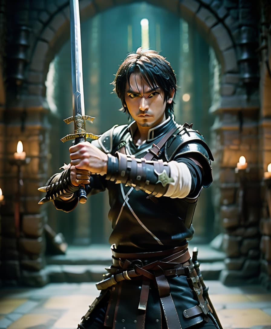  cinematic photo kirito the dance of swords (the dungeon of ayncrad, the skill of a two armed swordsman (aka ambidexter, he is a two armed warrior) . 35mm photograph, film, bokeh, professional, 4k, highly detailed, film photography style