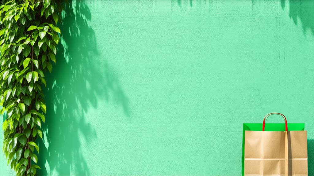  green pastel wall. along the edges are tree branches with green leaves. on the right in 1/3 there is a green paper bag. the photo was taken from afar. on the left 2/3 is free space for text ar 16:9 {prompt}, maximum details