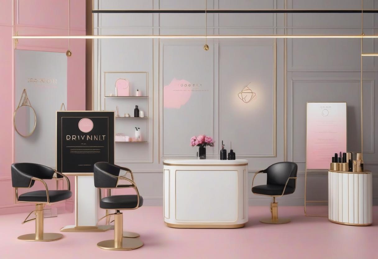  elegant and minimalistic background for a beauty salon, featuring a combination of neutral tones like white, black, gray, silver, and beige. accents of gold and vibrant neon pink or raspberry add a modern and luxurious feel. the design should have soft gradients or delicate patterns, with small elements like abstract shapes or subtle metallic textures. the overall look should be sophisticated, clean, and adaptable for use in branding materials