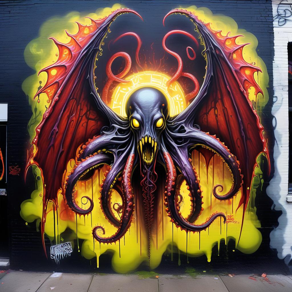  graffiti style a creature in a priest's mantle in a sticky shiny slime bent into the fog and light of yellow lights smoke red sparks spikes terror of lovecraft's tentacles necronomicon and rings of slime wings . street art, vibrant, urban, detailed, tag, mural