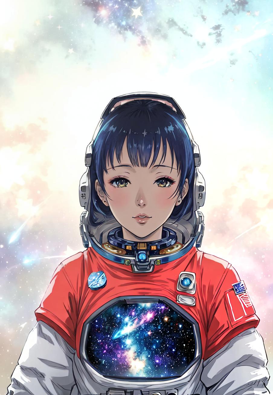  anime style, astronaut in space, fully detailed outer space background with stars, galaxies, nebulae, vibrant colors, wearing detailed space suit, cosmic scene, highly detailed spacesuit, complete space environment, clothing replace, space suit hyperrealistic, full body, detailed clothing, highly detailed, cinematic lighting, stunningly beautiful, intricate, sharp focus, f/1. 8, 85mm, (centered image composition), (professionally color graded), ((bright soft diffused light)), volumetric fog, trending on instagram, trending on tumblr, HDR 4K, 8K