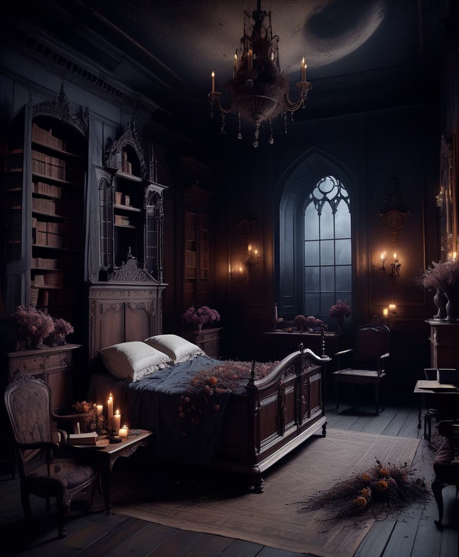  gothic style the dark room. wooden furniture in classic style. dried flowers. old books. burns. web and dust. no lighting. the moon's outside. bed . dark, mysterious, haunting, dramatic, ornate, detailed