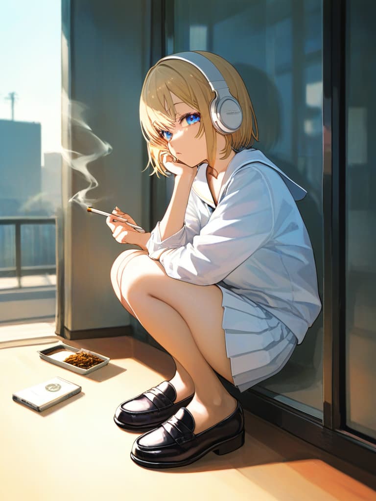  s wearing black tights, headphones, black loafers, whole body, blue eyes , blonde bob cut , white pleated , white sailor suit, tobacco, to cigarettes, purple on the left . a with a rose tattoo, a smoking cigarettes, a spider web on the left arm, masterpiece, best quality,8k,ultra detailed,high resolution,an extremely delicate and beautiful,hyper detail