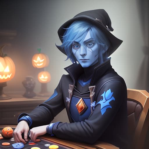  one card player as hearthstone on the full screen, with an avatar window, blue card color, with halloween references. the background is black. top player rank, bottom characterization, center avatar player