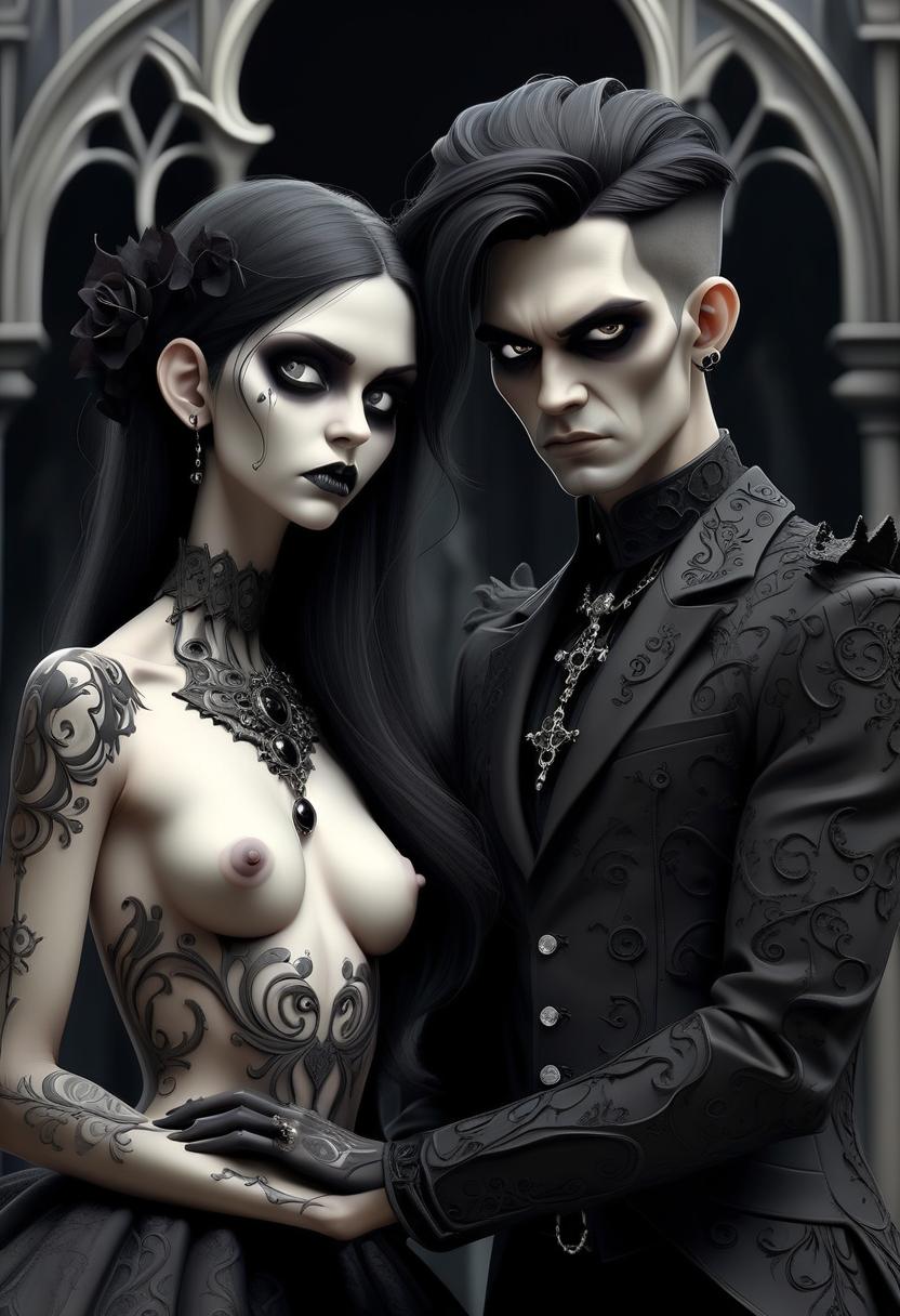  gothic style there is a man and woman that are on the same person a naked woman posing . dark, mysterious, haunting, dramatic, ornate, detailed, perfect hands