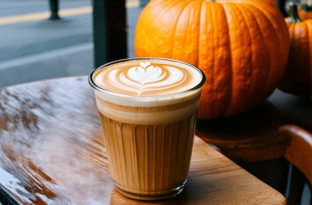  professional detailed photography, pumpkin latte coffee in a beautiful coffee glass on a table in a cafe on the street in autumn, autumn cozy atmosphere ar 3:2, (muted colors, dim colors, soothing tones), (vsco:0.3)