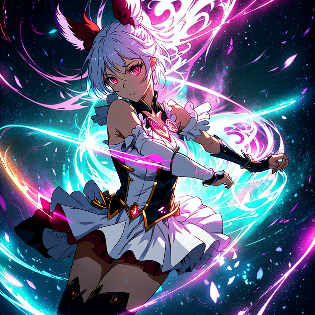  a magical girl with a striking pose, inspired by akiyuki shinbo's art style, featuring bold lines, vibrant colors, and intricate details on the magical girl designs. incorporate the iconic madoka kaname symbol on the character's forehead and a dynamic pose showcasing their magical abilities. hyperrealistic, full body, detailed clothing, highly detailed, cinematic lighting, stunningly beautiful, intricate, sharp focus, f/1. 8, 85mm, (centered image composition), (professionally color graded), ((bright soft diffused light)), volumetric fog, trending on instagram, trending on tumblr, HDR 4K, 8K