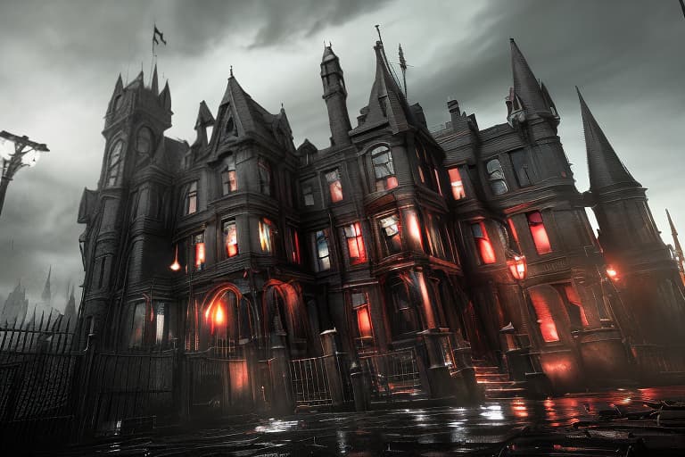 redshift style Arkham Asylum* Create a street view image of Arkham Asylum's entrance, showcasing its imposing gothic architecture, iron gates, and eerie atmosphere.