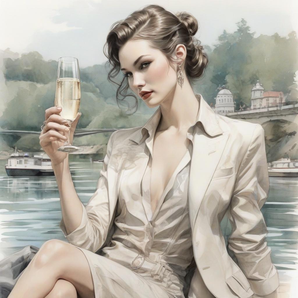  fashion editorial style open champagne and a glass on the background of the river. harrison fisher, pencil drawing on paper, intricate details. . high fashion, trendy, stylish, editorial, magazine style, professional, highly detailed