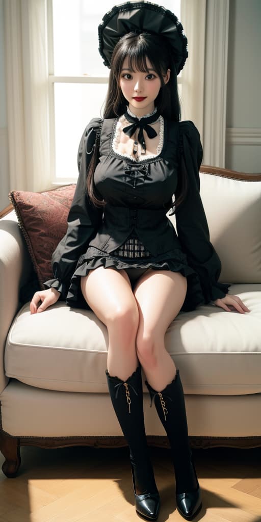 (32K, Real, RAW Developer, Best Quality: 1.4))), (((Beautiful big eyes, Double eyelids))), (((Actress: Mochiyu Honda,))), (((Full smile))), (Black hair), (Wavy long hair)), Full anatomical body, (Delicate and beautiful eyes: 1. 3)), (((Couch, big thighs )))), (((natural light)), (((Gothic Lolita fashion))), (((mini skirt))), (((thigh revealing))), (((panties down to knee level))), (((mini skirt))), (((thigh revealing)))) hyperrealistic, full body, detailed clothing, highly detailed, cinematic lighting, stunningly beautiful, intricate, sharp focus, f/1. 8, 85mm, (centered image composition), (professionally color graded), ((bright soft diffused light)), volumetric fog, trending on instagram, trending on tumblr, HDR 4K, 8K