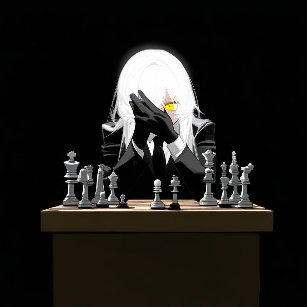  long white hair anime woman with shadows completely concealing face with the exception of evil empty white teeth smile on her face and only a hardly visible singular yellow eye, leaning on one hand with arrogance,jet black suit, black tie, sitting in front of a table with a chess set on it, no visible facial features due to blackness covering face . best quality, high resolution