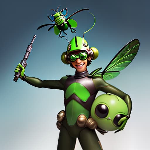  cute cartoon insect beetle character with a green body, big expressive eyes and a smile on his lips. on his head he has a huge brown helmet with goggles, giving him an adventurous look. the insect beetle stands confidently holding a blaster, he has graceful wings and long tendrils. the background is simple and bright inside the starship to emphasize the charm of the funny character with the weapon.