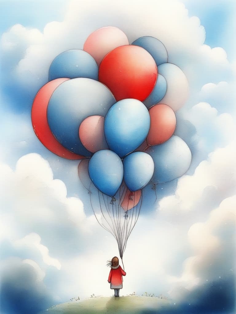  masterpiece,(((non human))),(((non body))),big red balloon in the sky🎈,blue sky,white clouds,fairy tale style,crayon drawing,gentle colors,delicate,detailed,