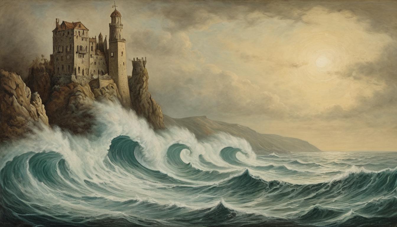  on parchment, surrealism++, waves crashing relentlessly against a cliffside, uncontainable force, unwavering, unstoppable(mysterious, provocative, symbolic)++