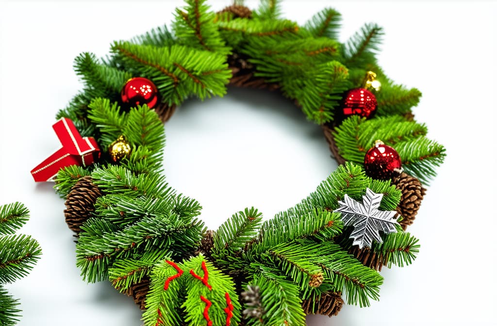  professional detailed photography, spruce christmas wreath with christmas tree toys on white background ar 3:2, (muted colors, dim colors, soothing tones), (vsco:0.3)