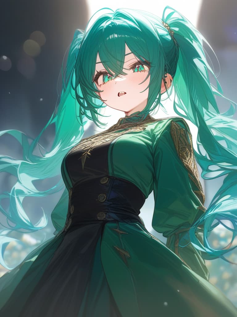  twin tails, blue green hair, blue green eyes, pink mine clothes, double teeth, piercings, vampires, masterpiece, best quality,8k,ultra detailed,high resolution,an extremely delicate and beautiful,hyper detail