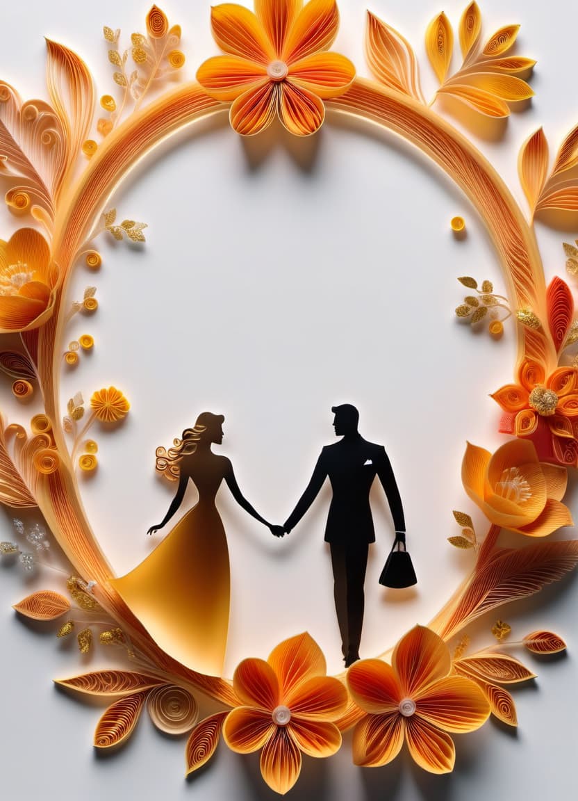  paper quilling art of ((transparent frame in the form of silhouettes of a man and a woman in love, close up 1.5)). ((((inside the transparent silhouette 1, 7))): dawn, golden clouds, crowns of trees in bloom, spring, love, romantic1,5))). (style):romantic fantasy art, advertising, poster, art design, . intricate, delicate, curling, rolling, shaping, coiling, loops, 3d, dimensional, ornamental, hkmagic hyperrealistic, full body, detailed clothing, highly detailed, cinematic lighting, stunningly beautiful, intricate, sharp focus, f/1. 8, 85mm, (centered image composition), (professionally color graded), ((bright soft diffused light)), volumetric fog, trending on instagram, trending on tumblr, HDR 4K, 8K