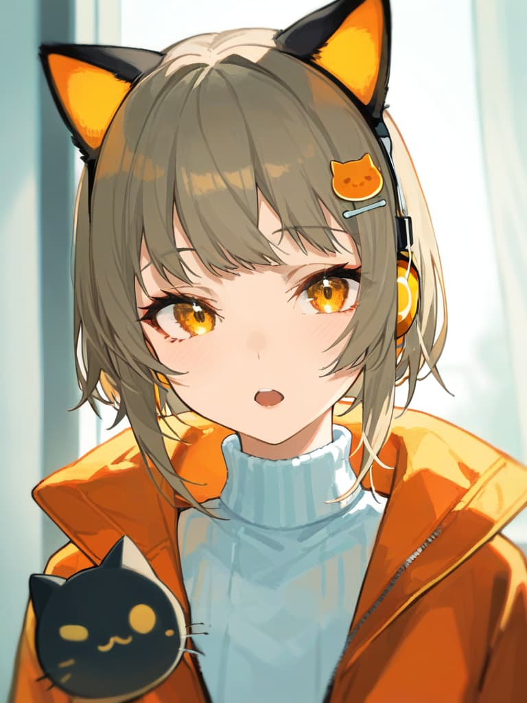  (black cat ear headphones: 1.2), blurry, masterpiece, open mouth, best quality, close up, from front, (silverbeige hair: 1.4) ing, orange overside jacket, 1.2), (white turtleneck: 1.1), (hair pin: 1.3)