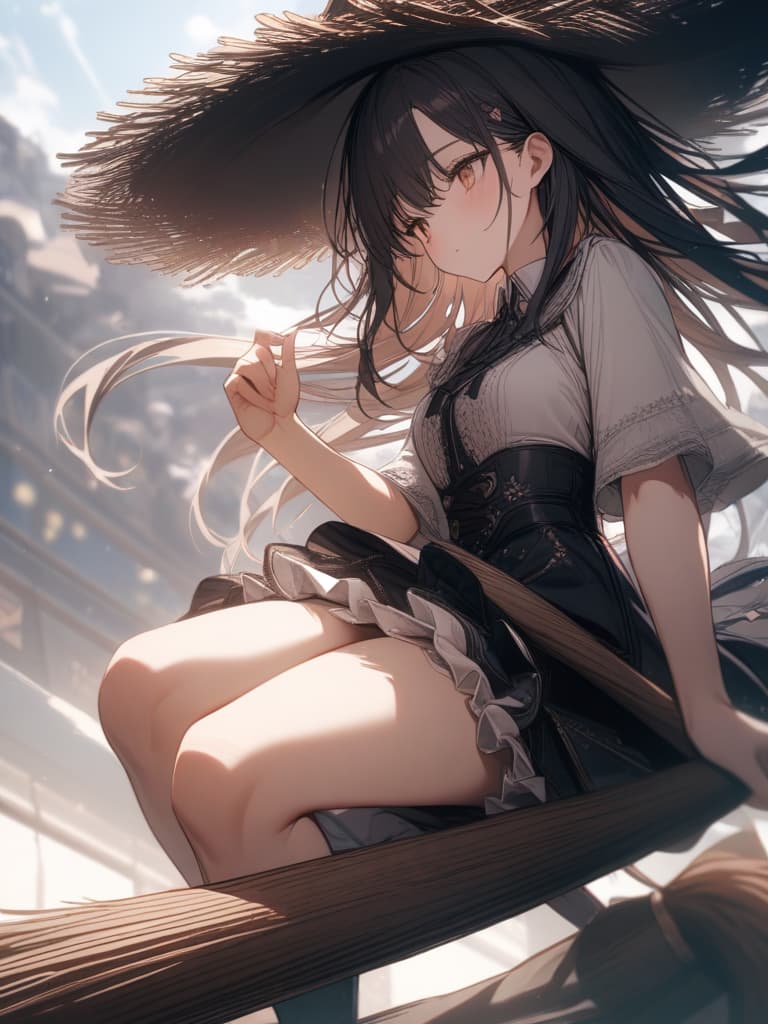  witch, girl, broom sideways sitting on it, hair flutters, flying in the sky, riding on a broom, holding down the hat, masterpiece, best quality,8k,ultra detailed,high resolution,an extremely delicate and beautiful,hyper detail