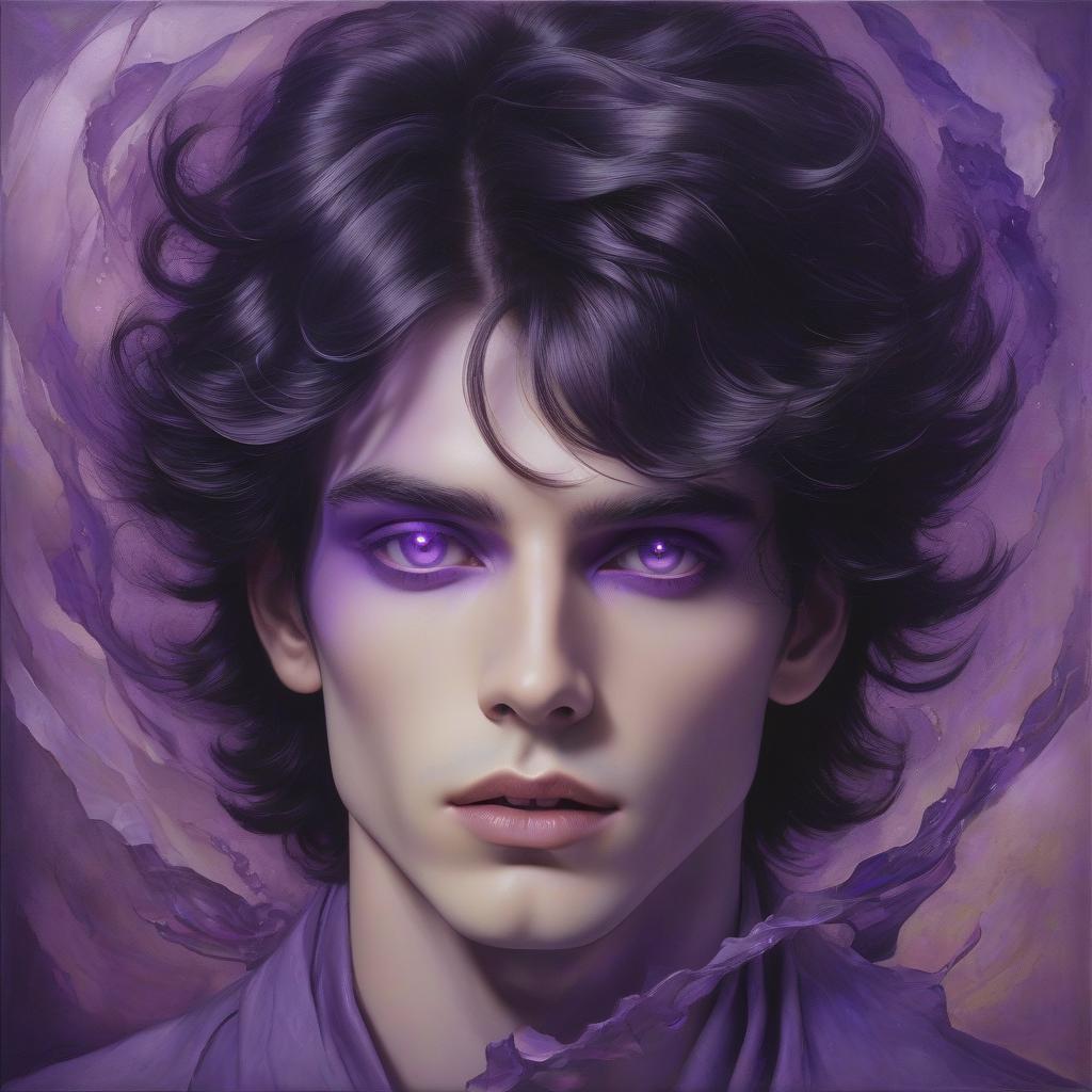  mystical male portrait radiating unearthly charm: porcelain skin, almond shaped violet eyes, dark hair adorned with bright violet jewelry. bright lips framed in a dreamy haze against a warm glowing background create a fantastic atmosphere of elegance and beauty. create an ethereal male portrait with a mystical aura. he has clear skin, large almond shaped violet eyes and full lips of a soft neutral shade. his face is framed by a mass of dark hair transitioning into bright violet jewelry, including a large one on the right side of the composition. jewelry of various sizes intertwine with his elements that give the impression of movement around his head, as if carried by a light breeze. the background is a textured gradient with deep, cool am