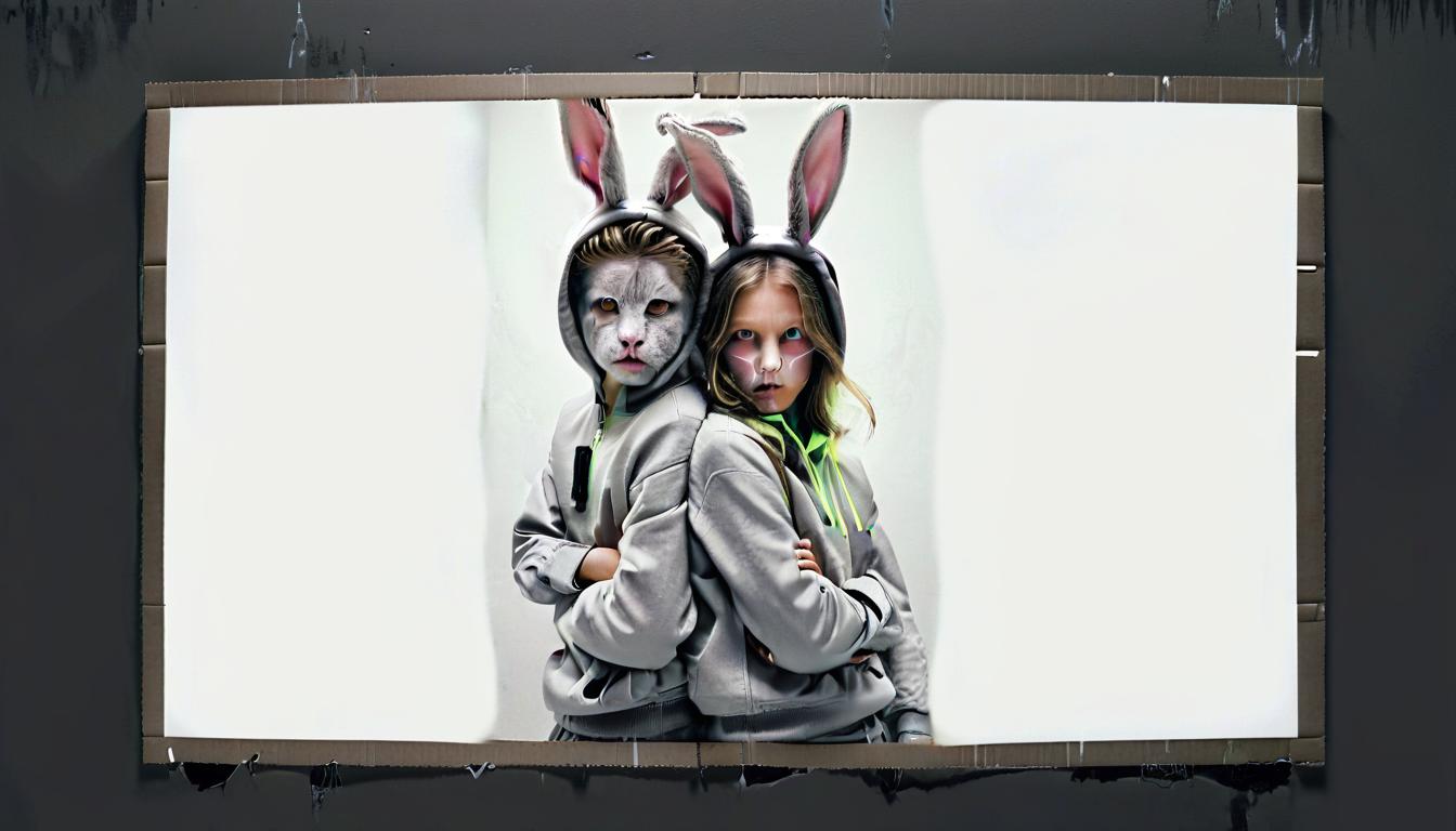  cardboard on the wall of the fury boy and girl gray background in the clothes of the faces of rabbits dressed in gray clothes, film photography style, glowneon, hkmagic