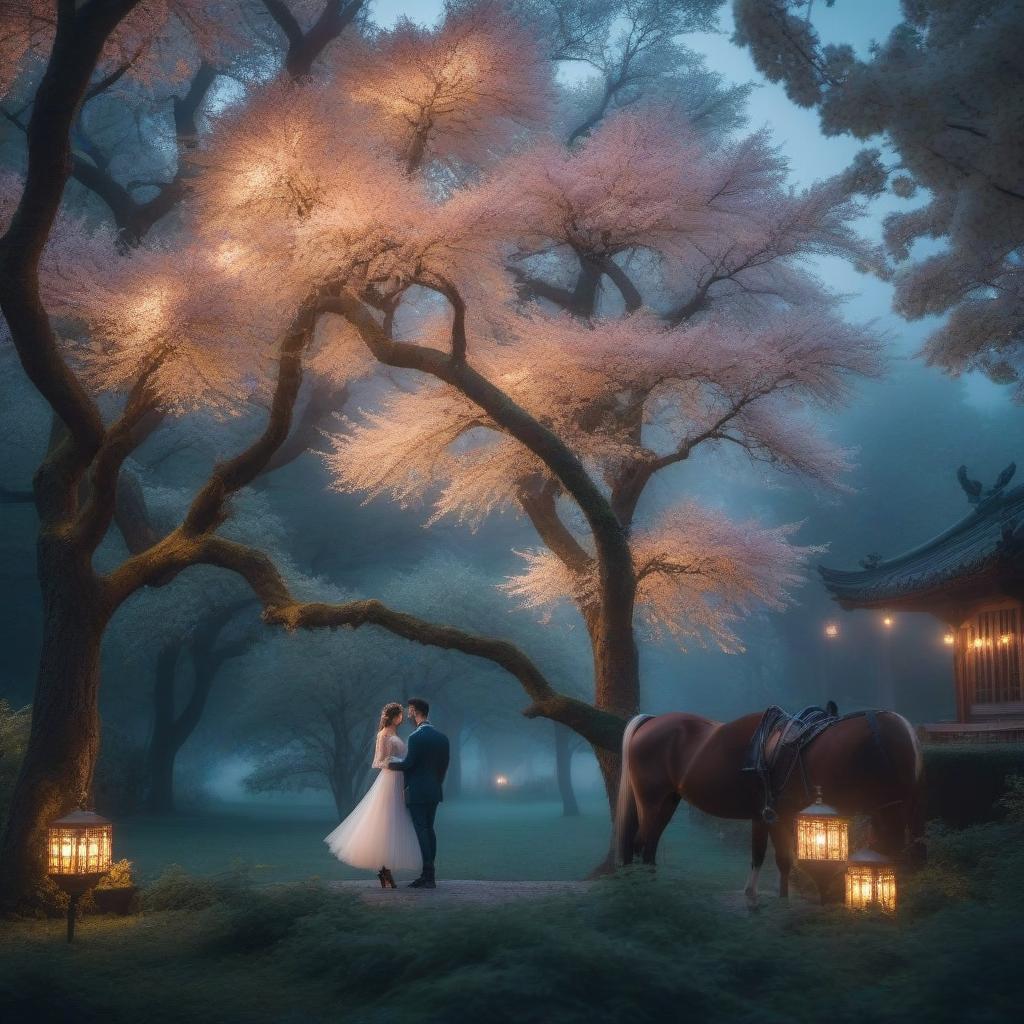  A magical evening hyperrealistic, full body, detailed clothing, highly detailed, cinematic lighting, stunningly beautiful, intricate, sharp focus, f/1. 8, 85mm, (centered image composition), (professionally color graded), ((bright soft diffused light)), volumetric fog, trending on instagram, trending on tumblr, HDR 4K, 8K