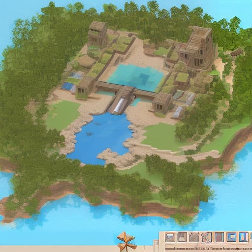 dvarchmodern a small island without structures, which is divided into three separate parts, the smallest part is a sandy beach, the second largest part is stone wasteland, the third is the largest area is a dense forest. everything is pixel art style, in 2.5d format like a map.