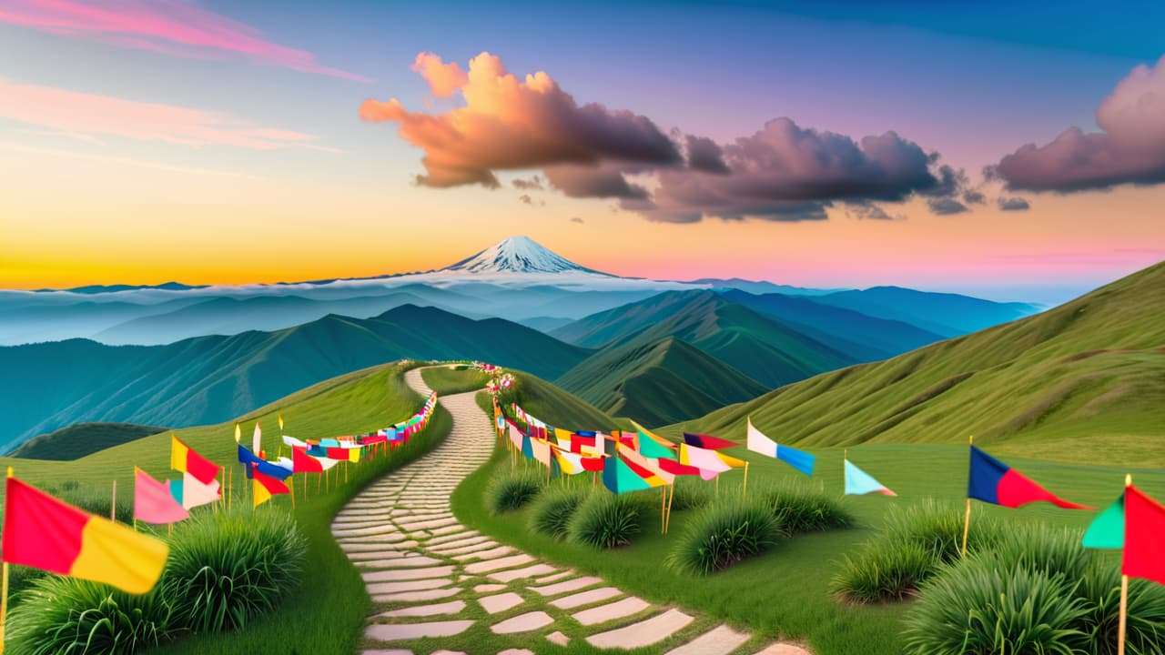  a serene landscape featuring a winding path leading to a distant mountain peak, with five distinct milestones along the way, each symbolized by unique, colorful flags, representing clarity, motivation, focus, accountability, and progress. hyperrealistic, full body, detailed clothing, highly detailed, cinematic lighting, stunningly beautiful, intricate, sharp focus, f/1. 8, 85mm, (centered image composition), (professionally color graded), ((bright soft diffused light)), volumetric fog, trending on instagram, trending on tumblr, HDR 4K, 8K