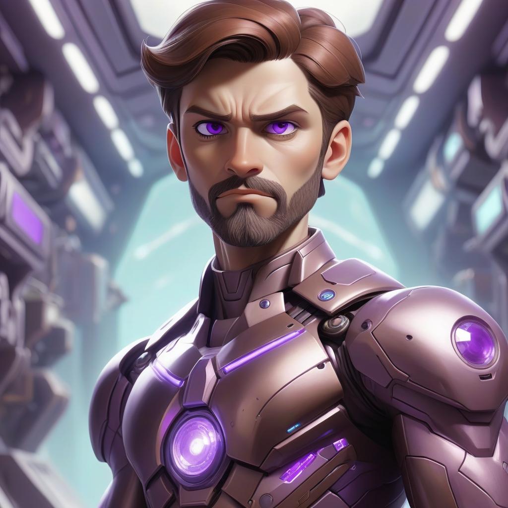  the protector of the universe is a young man of lean build, with a small beard, short brown hair, purple eyes. clothing is a metal cybersuit. operating a crystal spaceship.