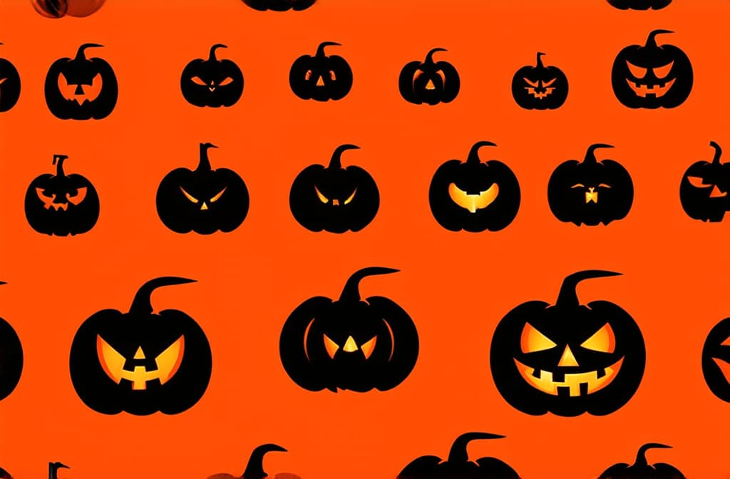  flat illustration, flaticon, (illustration:1.15), silhouettes of halloween pumpkins black on orange background many at the same distance from each other, ornament, background for halloween ar 3:2, [cory loftis, strobist, pascal campion :: 0.2]