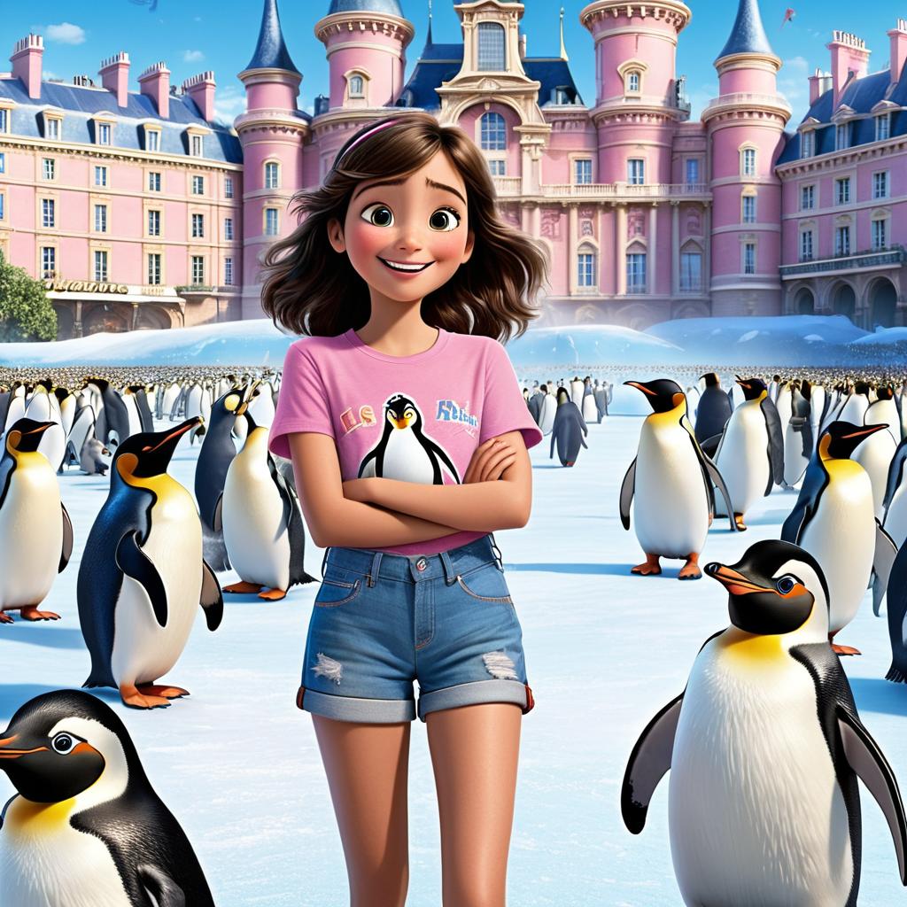  in 3d animated movie style. disney pixar style. paris, a , in a pink t shirt and denim shorts, enchanted by the penguins. penguins, quirky and endearing, performing in the icy enclosure. paris giggles with joy, cping her hands as her laughter fills the space. high res pixar 3d animation capturing lively characters and setting. icy blues and whites contrast with vint penguins. soft, warm lighting. 's viewpoint to convey paris's wonder and delight.