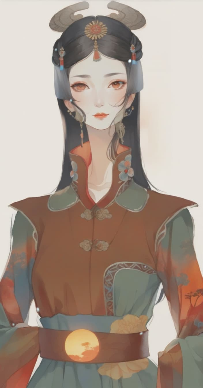  watercolor painting color portrait, woman, european appearance, ((long neck)), chinese style of clothing, floral patterns on clothes. behind is a ((forest)) with a ((bright red sunset sun)). . vibrant, beautiful, painterly, detailed, textural, artistic