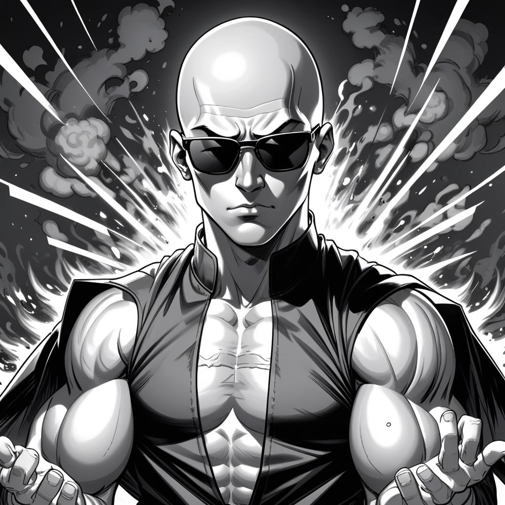  manga artwork a male young bald monk,he has johnny cage appearance,make him serious with some menacing aura around him,draw him manga style black and white during a impact frame,he wears sun glasses impact frames. manga artist. manga, highly emotional. best quality, high resolution